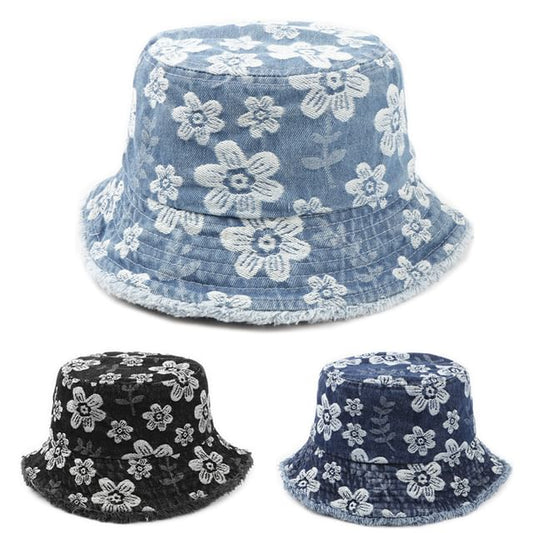 Bucket Floral Washed Denim Frayed Print Hat