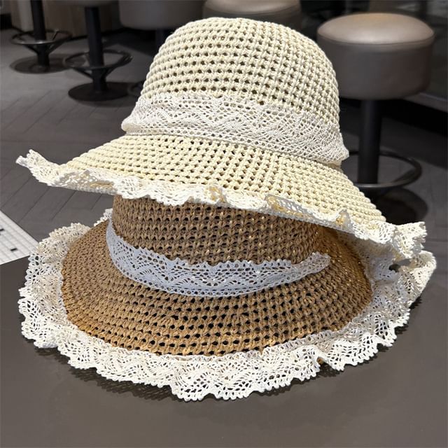Hat Lace Trim Knit Sun Perforated