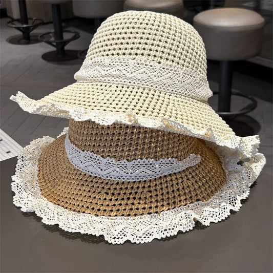 Hat Lace Trim Knit Sun Perforated