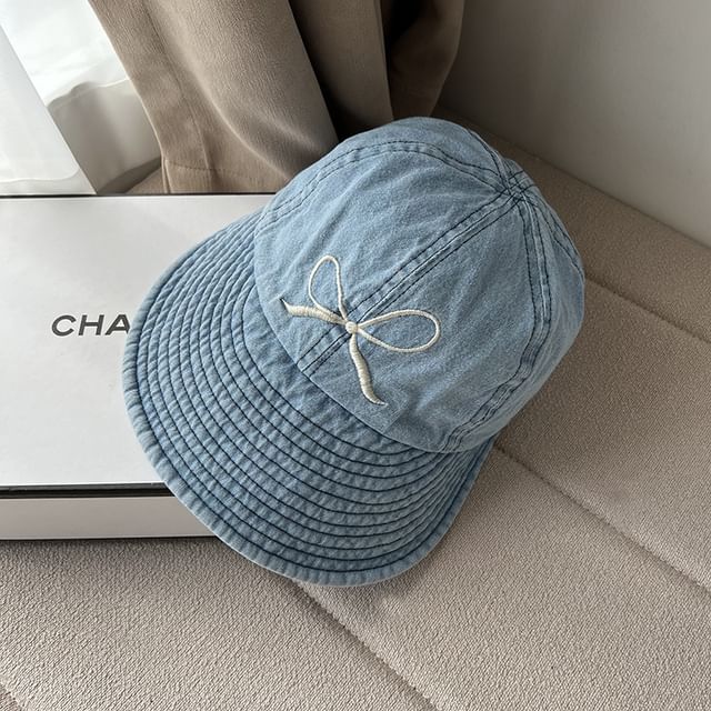 Washed Bow Denim Brim Wide Cap Embroidered