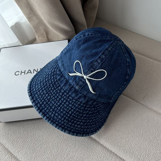 Washed Bow Denim Brim Wide Cap Embroidered