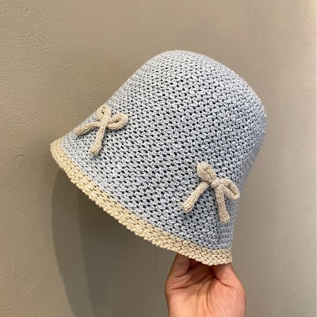 Knit Hat Bow Cloche Contrast Trim