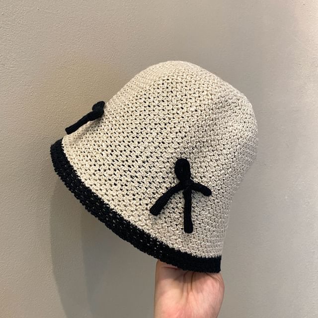 Knit Hat Bow Cloche Contrast Trim