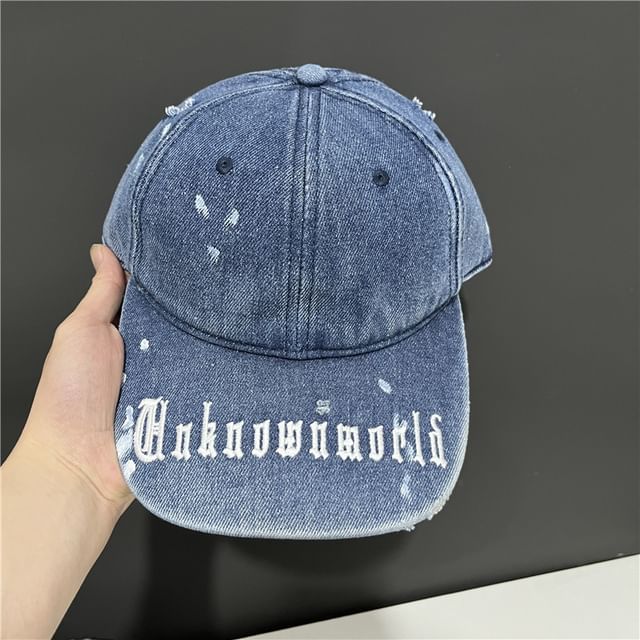 Baseball Cap Lettering Washed Denim Embroidered