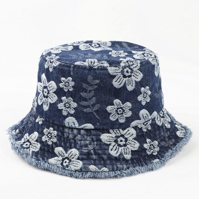 Bucket Floral Washed Denim Frayed Print Hat