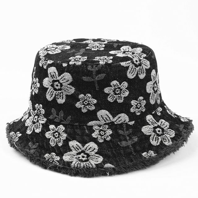 Bucket Floral Washed Denim Frayed Print Hat