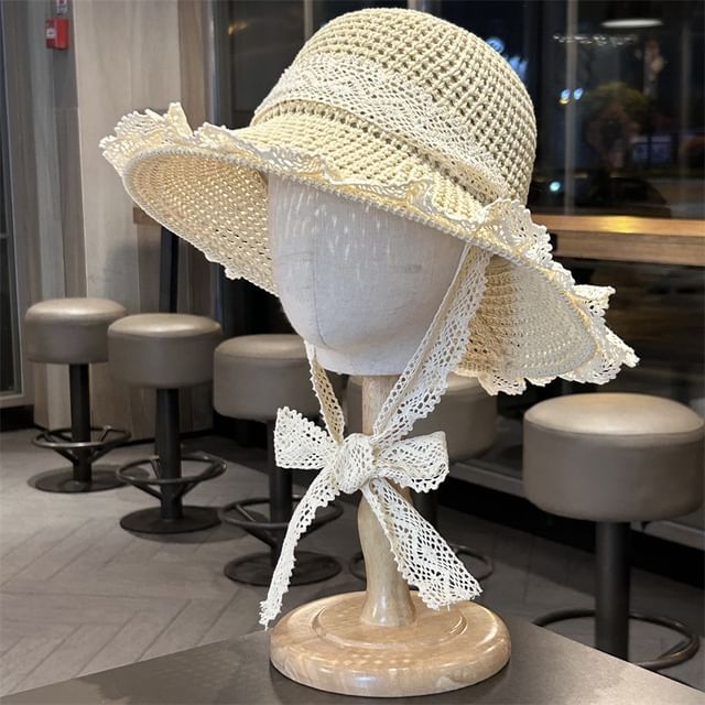 Hat Lace Trim Knit Sun Perforated