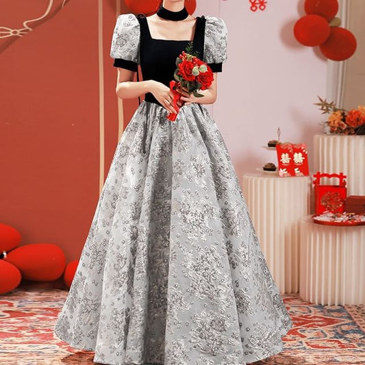 Short-Sleeve Square Neck Lace A-Line Evening Gown