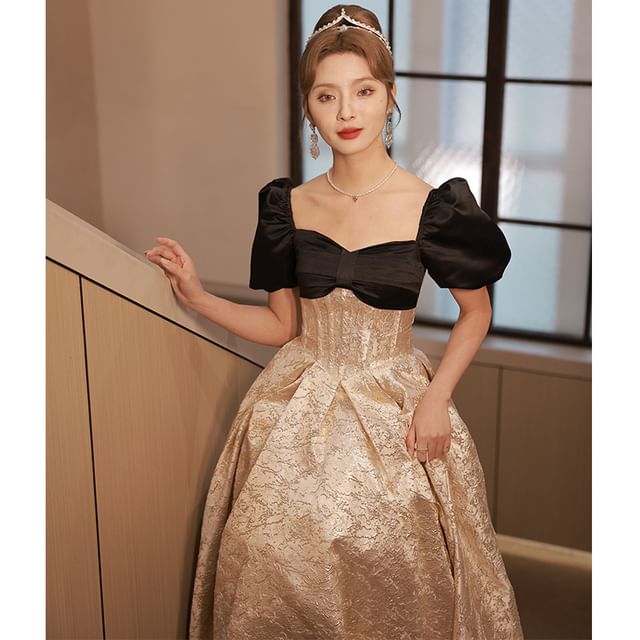 Short-Sleeve Butterfly Print A-Line Evening Gown