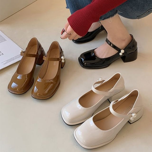 Jane Faux Mary Pearl Block Pumps Heel