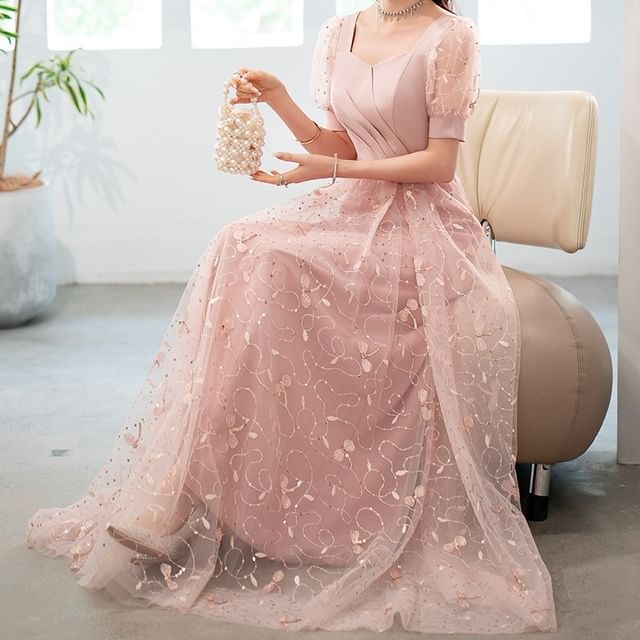 Short-Sleeve Square Neck Glitter A-Line Evening Gown (Various Designs)