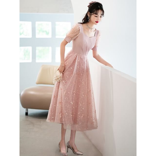 Short-Sleeve Square Neck Glitter A-Line Evening Gown (Various Designs)