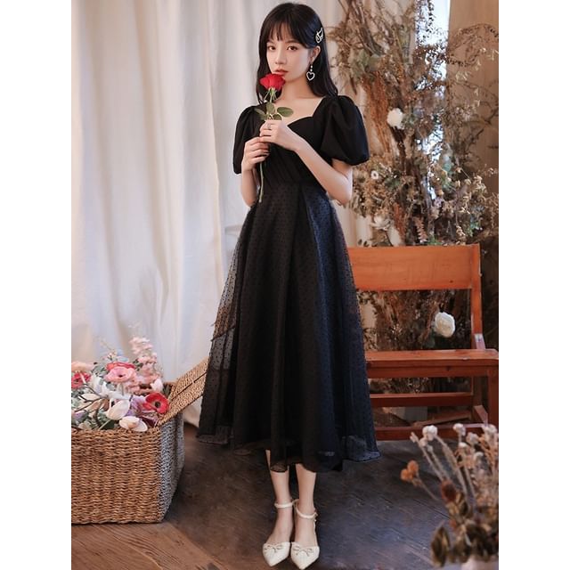 Short-Sleeve Square Neck Glitter A-Line Evening Gown (Various Designs)