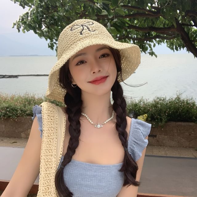 Straw Embroidered Bow Sun Hat
