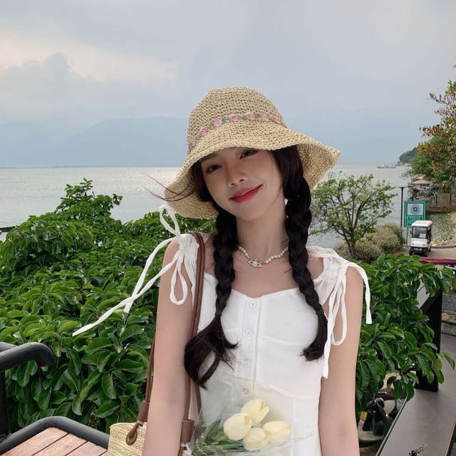 Straw Floral Hat Sun Embroidered