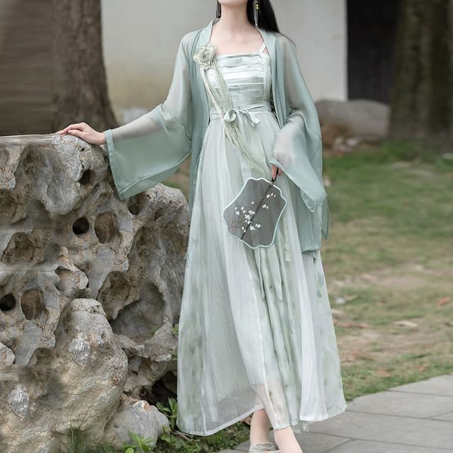 Traditional Chinese Spaghetti Strap Print Faux Pearl Midi A-Line Dress / Light Jacket / Flower Brooch