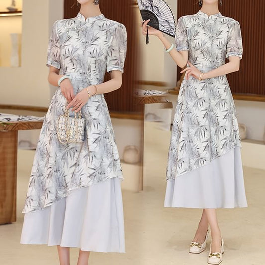 Short-Sleeve Leaf Print Panel Midi A-Line Qipao