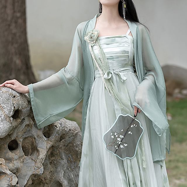 Traditional Chinese Spaghetti Strap Print Faux Pearl Midi A-Line Dress / Light Jacket / Flower Brooch