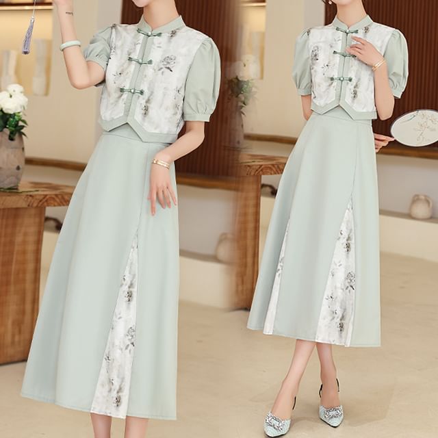 Set: Short-Sleeve Mandarin Collar Floral Panel Frog Button Cropped Blouse + High Waist Midi A-Line Skirt