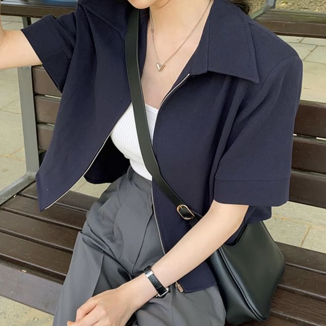 Short-Sleeve Zip-Up Plain Crop Jacket