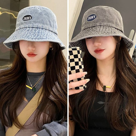 Hat Lettering Denim Bucket Washed Embroidered