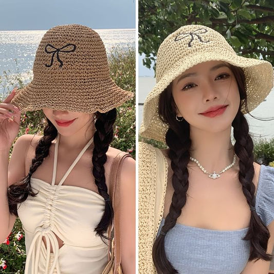 Straw Embroidered Bow Sun Hat