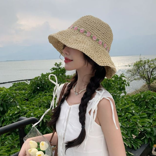 Straw Floral Hat Sun Embroidered
