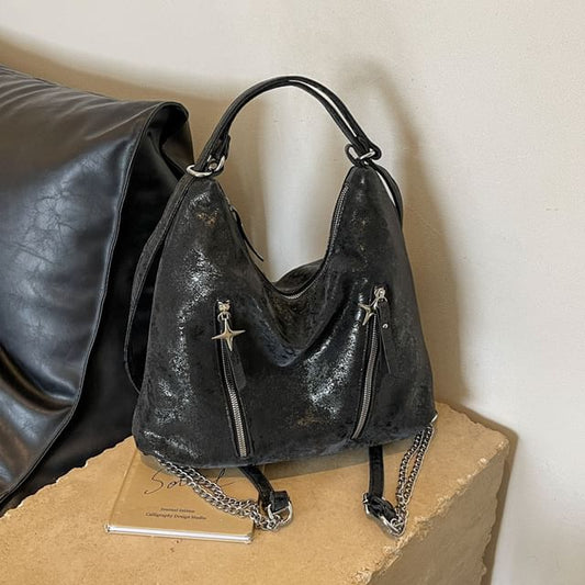 Leather Strap Backpack Zipped Plain Chain Faux