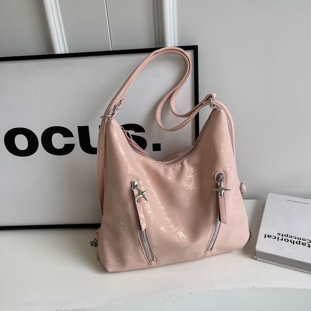 Leather Strap Backpack Zipped Plain Chain Faux