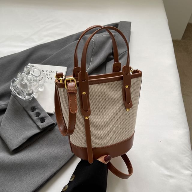 Bucket Two Panel Leather Faux Canvas Tone Bag