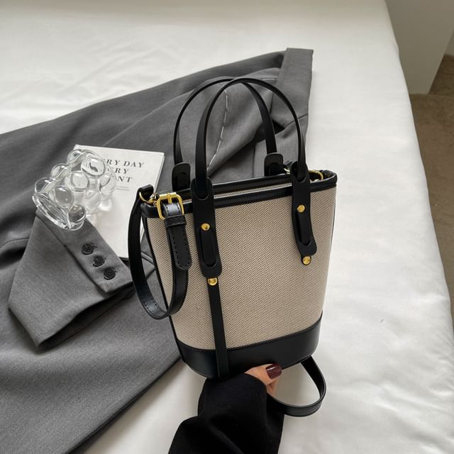 Bucket Two Panel Leather Faux Canvas Tone Bag