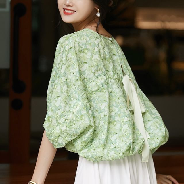 Balloon Sleeve Round Neck Floral Print Tie Back Blouse