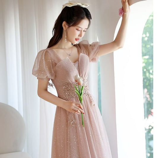 Mesh (Various Designs) Short-Sleeve A-Line Evening Rhinestone Gown