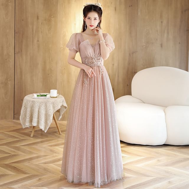Mesh (Various Designs) Short-Sleeve A-Line Evening Rhinestone Gown