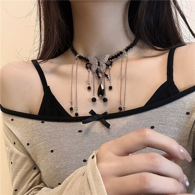 Leather / Studded Faux Alloy Choker Butterfly