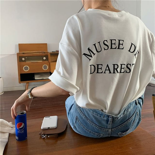 Short-Sleeve Lettering T-Shirt Crew Print Neck