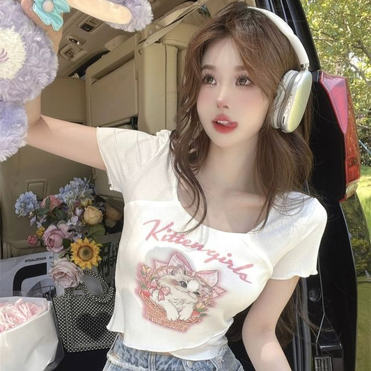 Print Short-Sleeve Lettering Tee Cartoon Square Neck