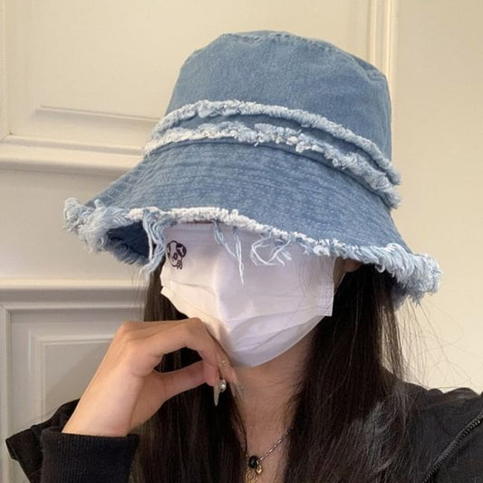 Fringed Distressed Hat Denim Bucket