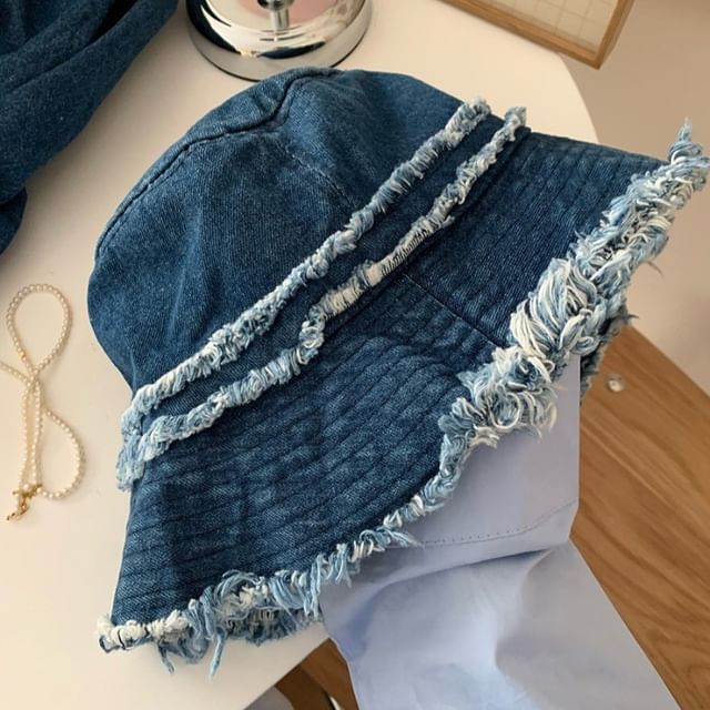 Fringed Distressed Hat Denim Bucket