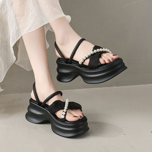 Cross Accent Platform Sandals Pearl Strap Ruched Faux