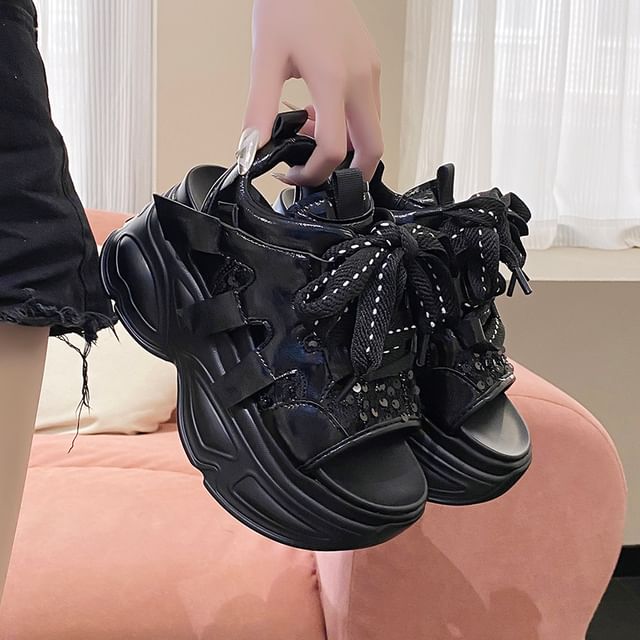 Lace-Up Platform Sandals Slingback Sequin