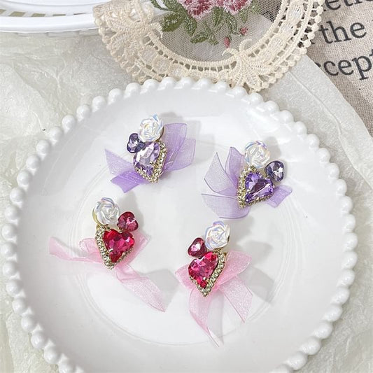 Bow Heart-Shaped Organza Rhinestone With Earrings