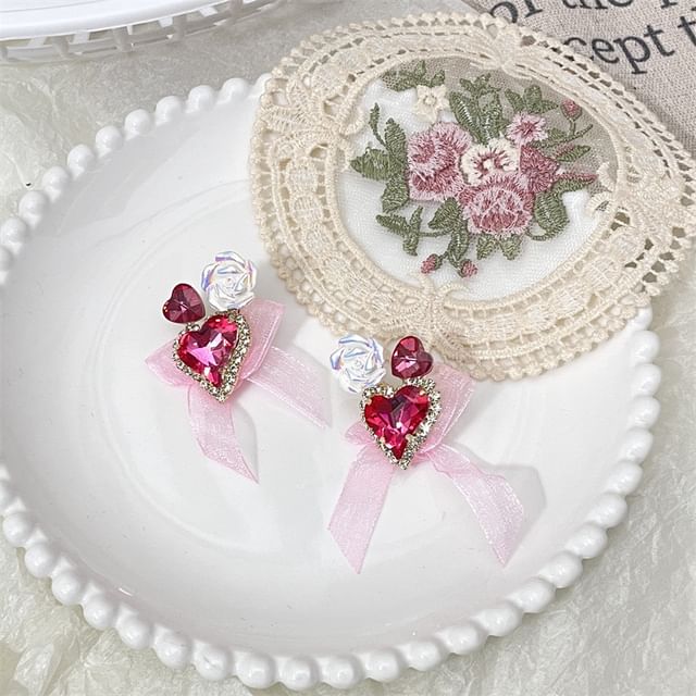 Bow Heart-Shaped Organza Rhinestone With Earrings