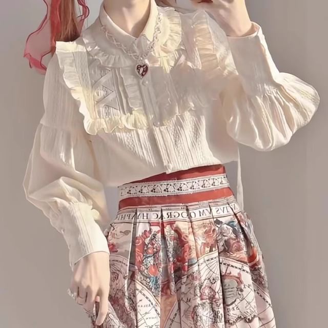 Chemisier Lolita à manches longues et col à volants en dentelle