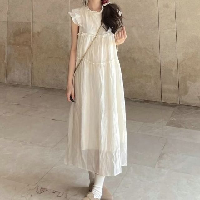 A-Line Cap-Sleeve Dress Plain Midi Sheer