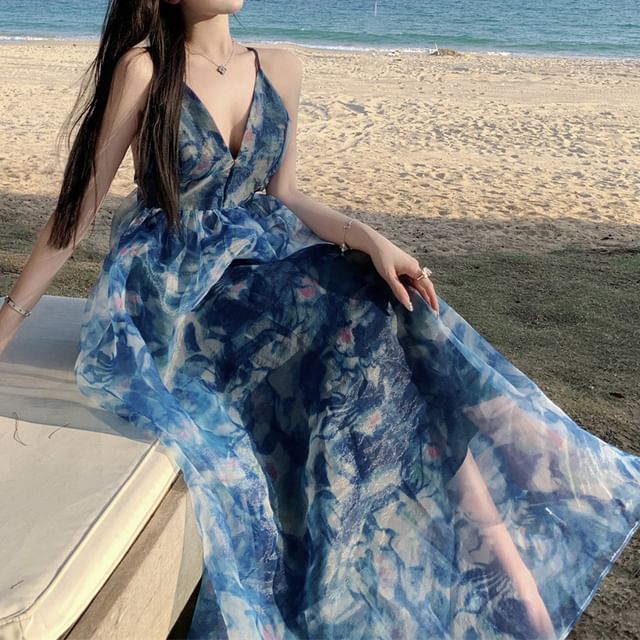 A-Line Dress Tie Maxi Strap Dye V-Neck Spaghetti Print