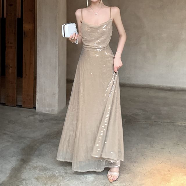 A-Line Spaghetti Maxi Strap Dress Sequin