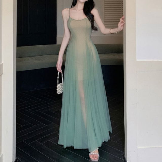 A-Line Maxi Dress Scoop Neck Sheer Strap Spaghetti