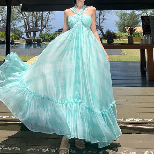 Neck Hem Dye Ruffle Dress Maxi A-Line Tie Halter