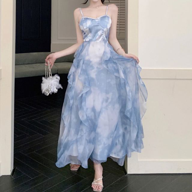 Ruffle Spaghetti Dye Maxi Sun Tie Strap Chiffon Hem Dress